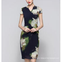 Summer Chinese Style Lotus Flower Print Elegant Women′s Dress